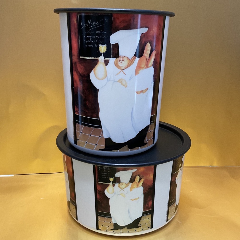 Tupperware Vintage French Fat Chef Le Menu Canister Set 2pc Black Lids 2710 2420